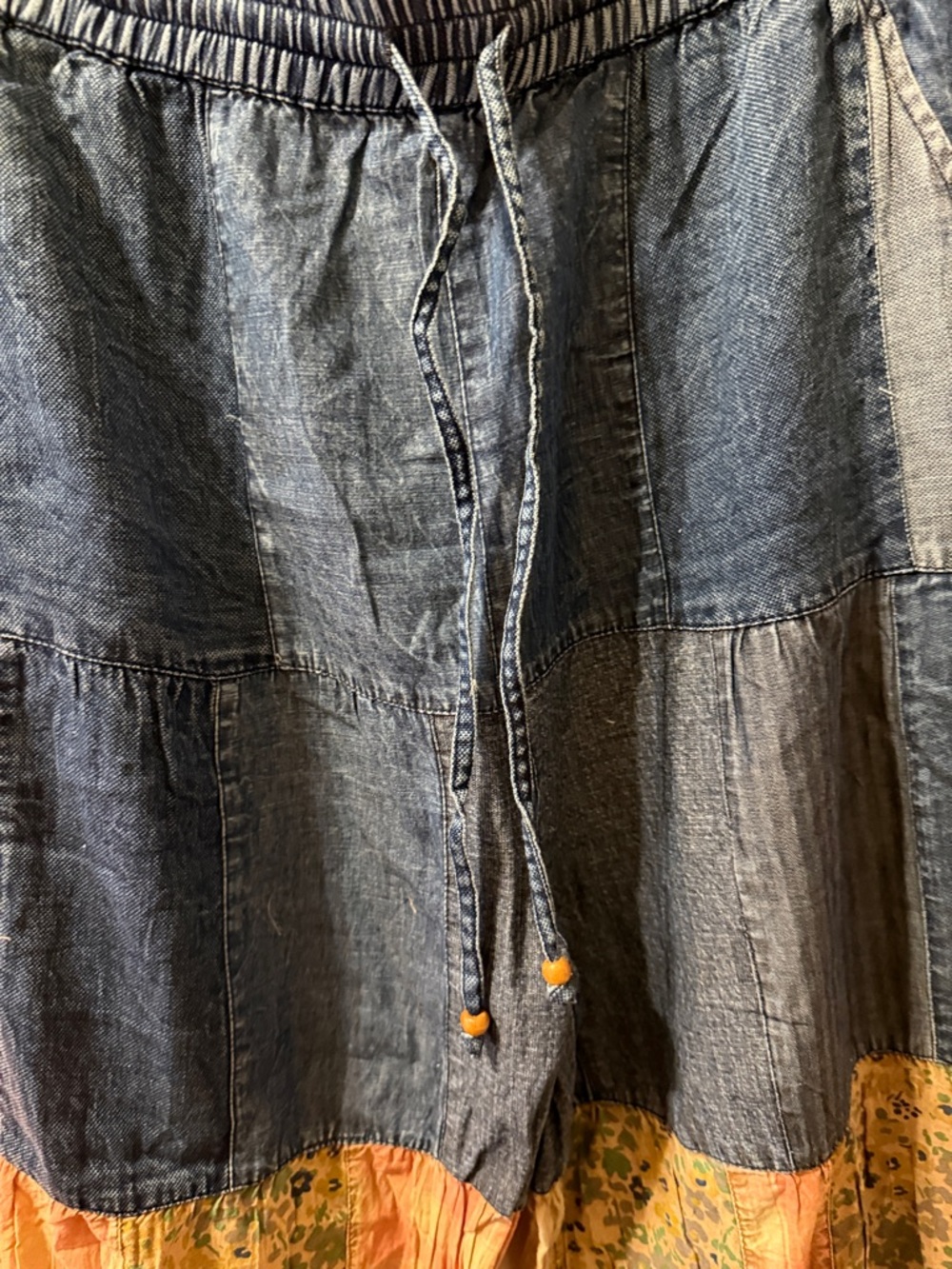 Boho Patchwork Wide-Leg Pants in Denim Blue and Multicolor - Picture 3 of 9